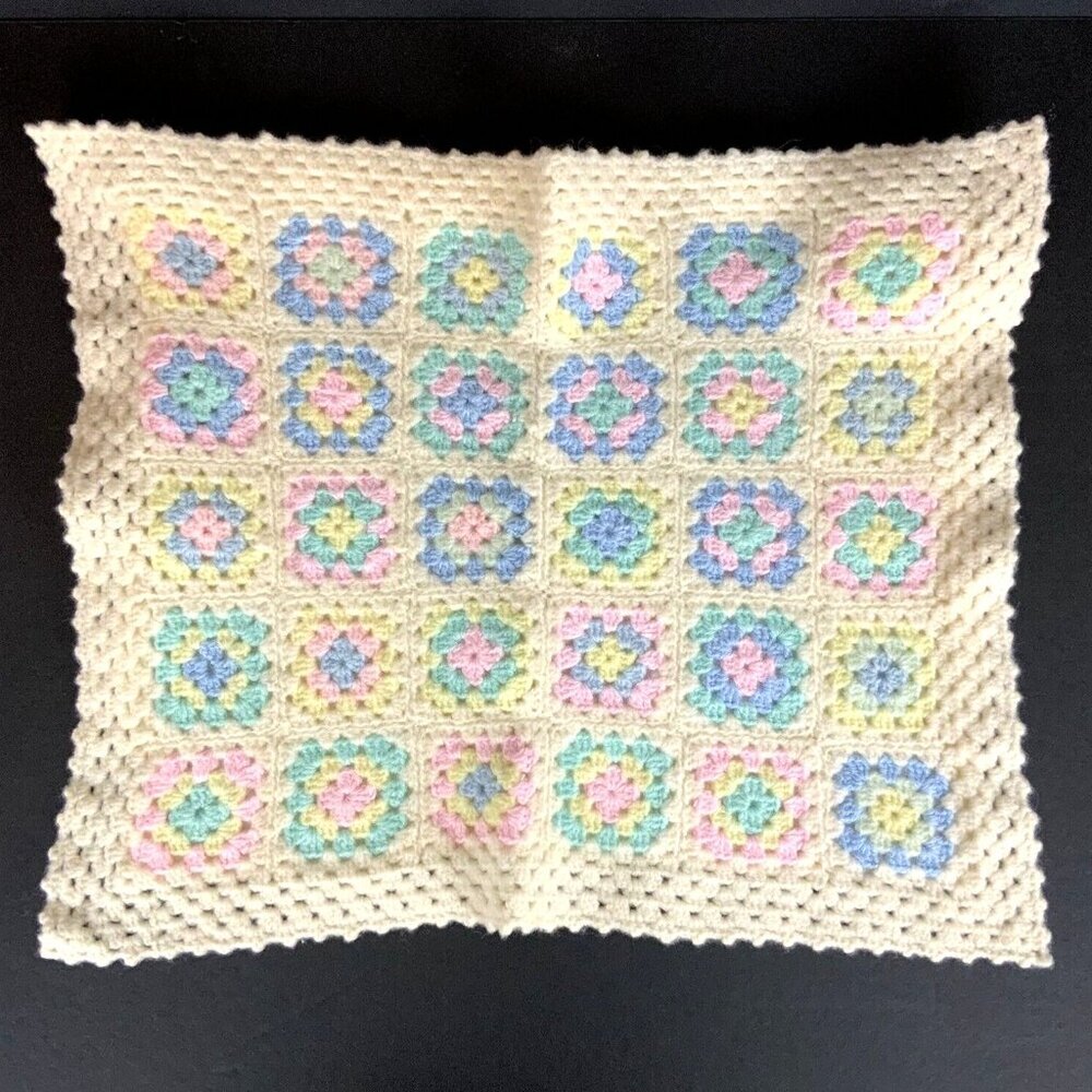 Handmade Crochet Granny Squares Throw Pillow Cover 17x14 Blue Pink Cream Pastel